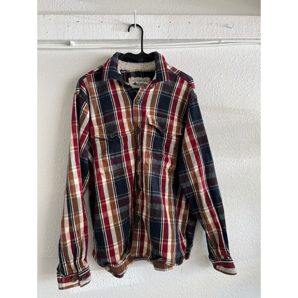 Tallwoods Vintage Mens Plaid Flannel Shirt Jacket Sherpa Lined Collar  L